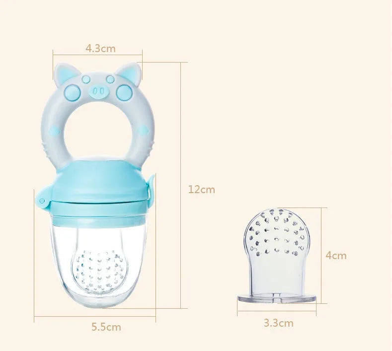 Silicone baby teether in blue, green, or pink colours with 1 or 3 mouthpiece options