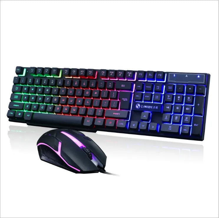 Limei Gtx300 black and white gaming keyboard and mouse set with backlight on desktop
