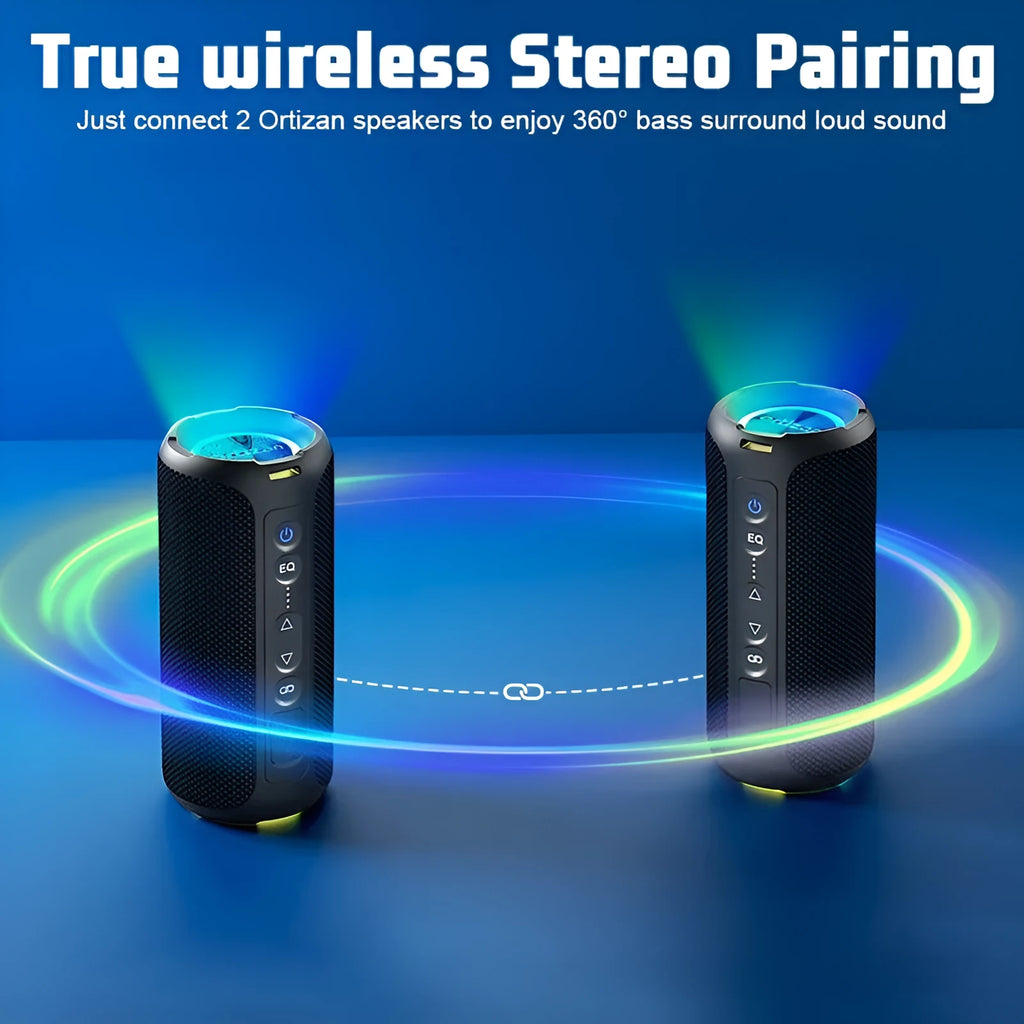 Black and blue fabric Bluetooth speaker with LED illumination showing 40W output and waterproof features