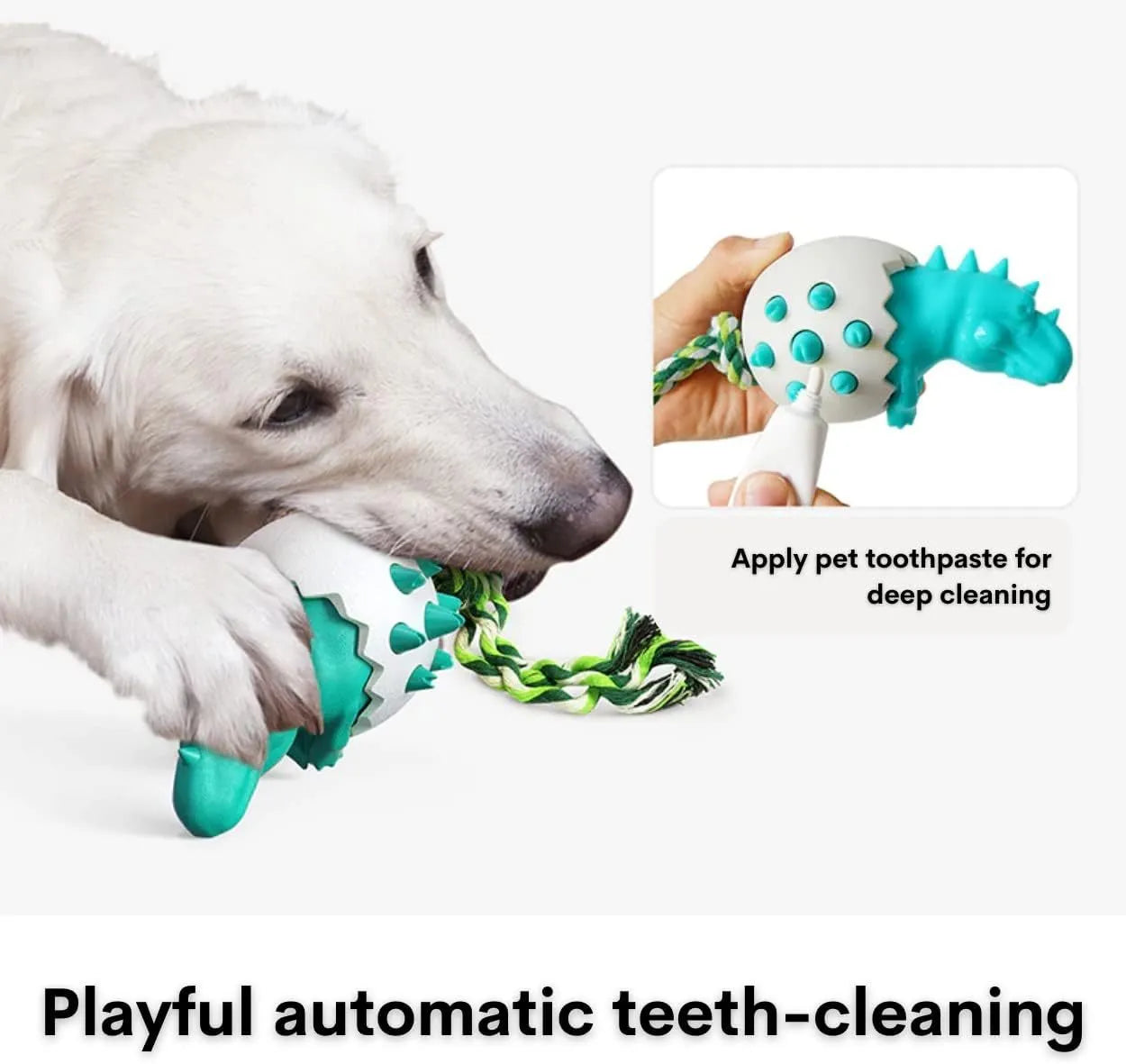Dinosaur design blue rubber dog chew toy with rope for aggressive chewers