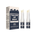Two beef fat lip balm sticks in standard packaging for universal skin types