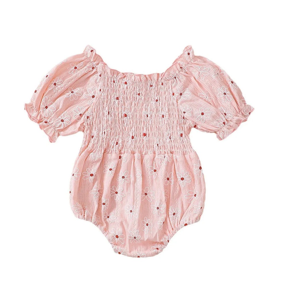 Little Sun Print Puff Sleeve Romper for baby girls in cotton suspender style, available in pink, green, light purple, sizes 70-100cm