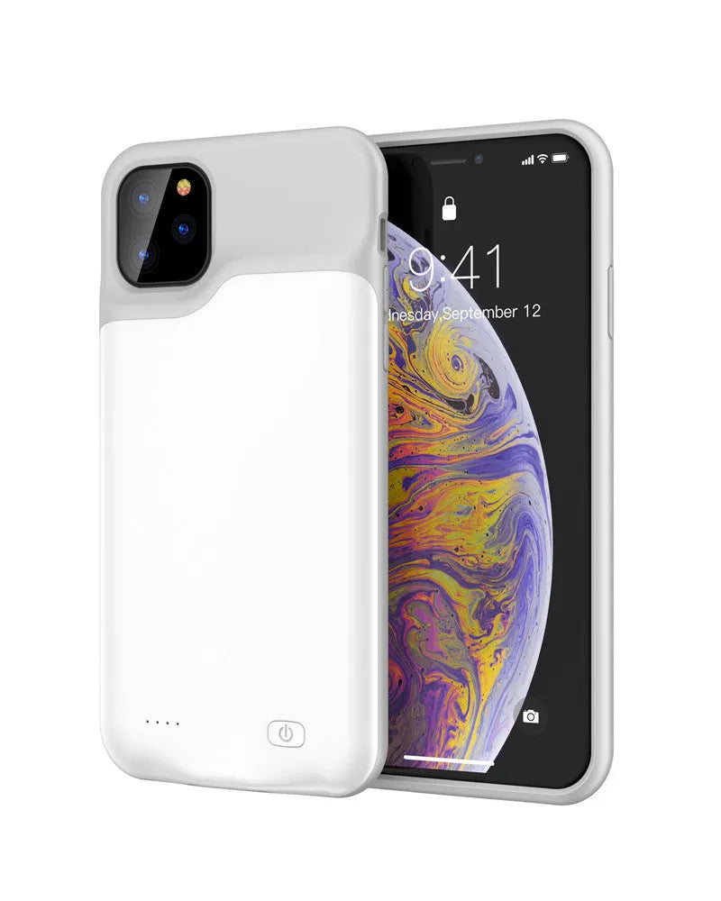 Shockproof silicone iPhone battery charger case in black, blue, pink, or white showing extra power capacity.