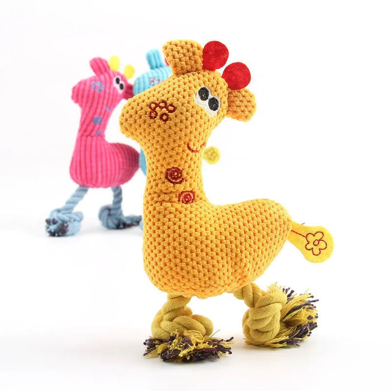 Blue deer shaped plush dog toy with corn grain texture and sound function measuring 25cm