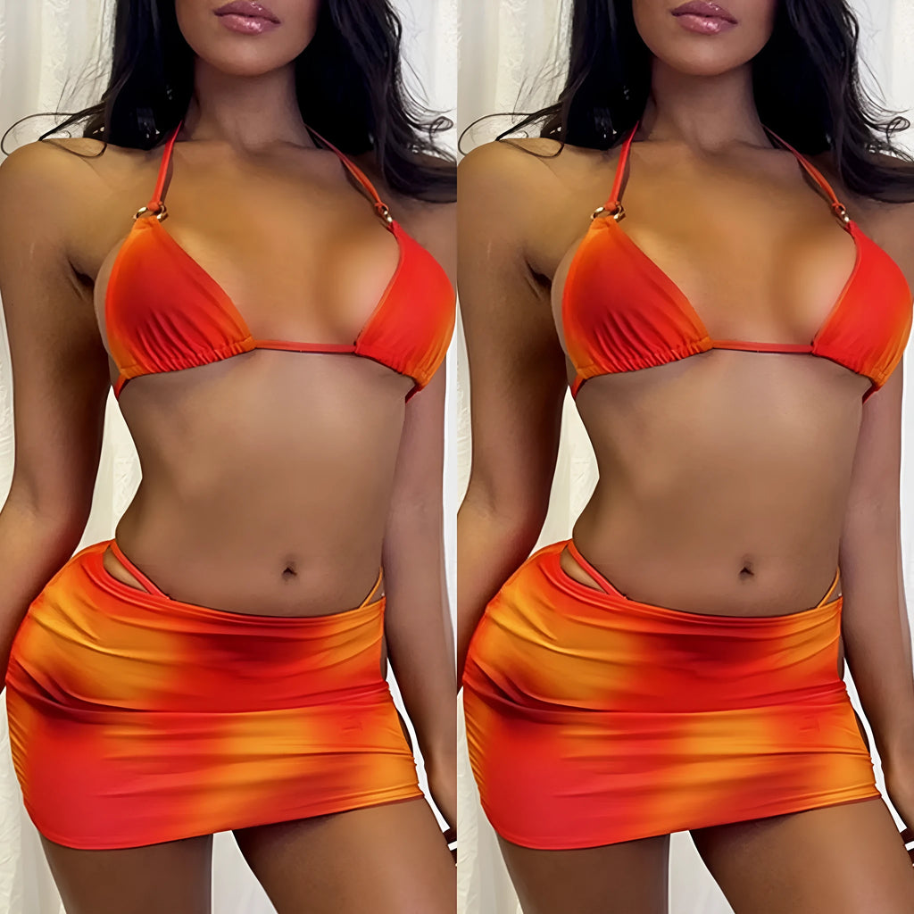 Tie-dye gradient halter bikini three-piece swimsuit set with skirt in quick-dry polyester fabric