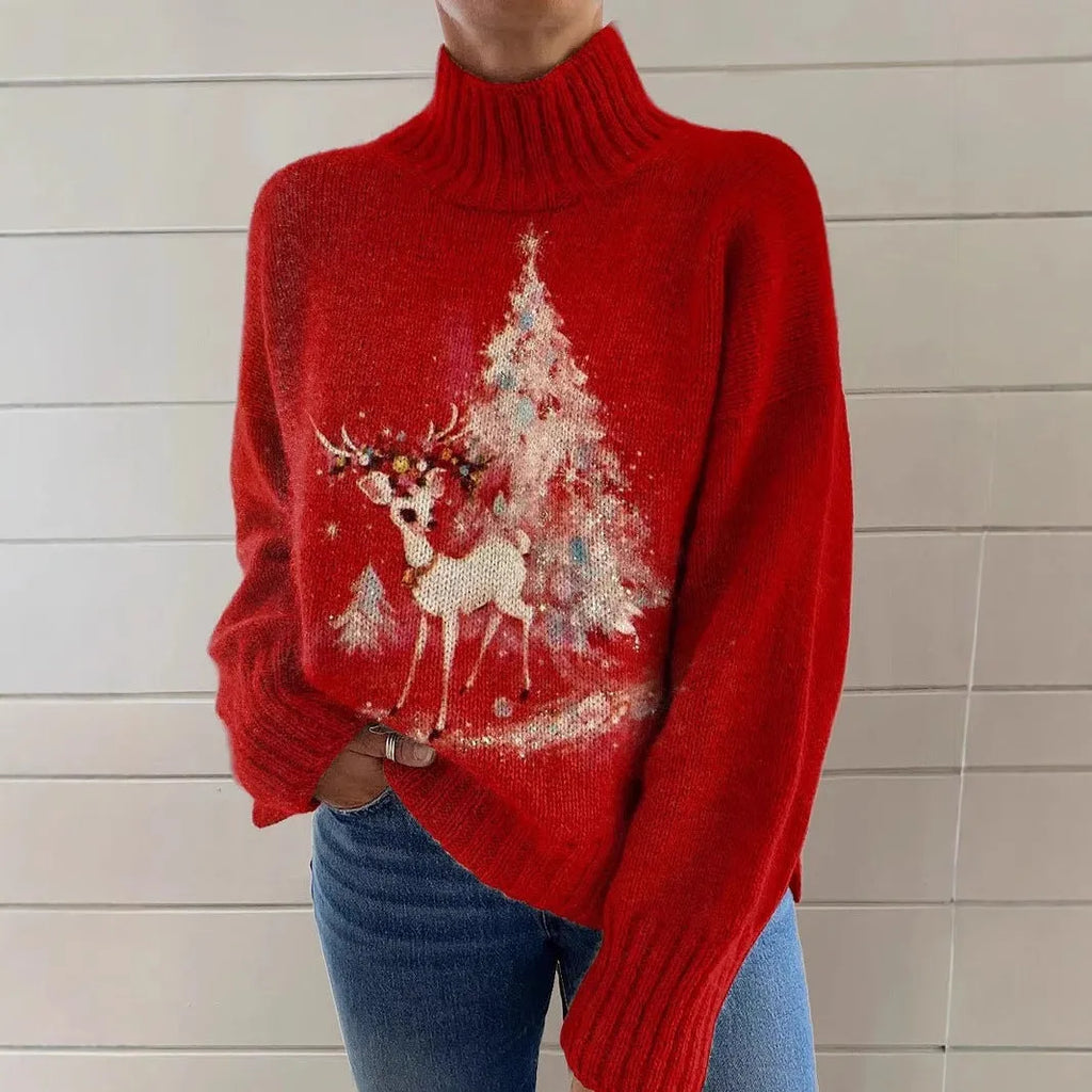 Women's loose fit Christmas printed turtleneck sweater in a macaron colour.
