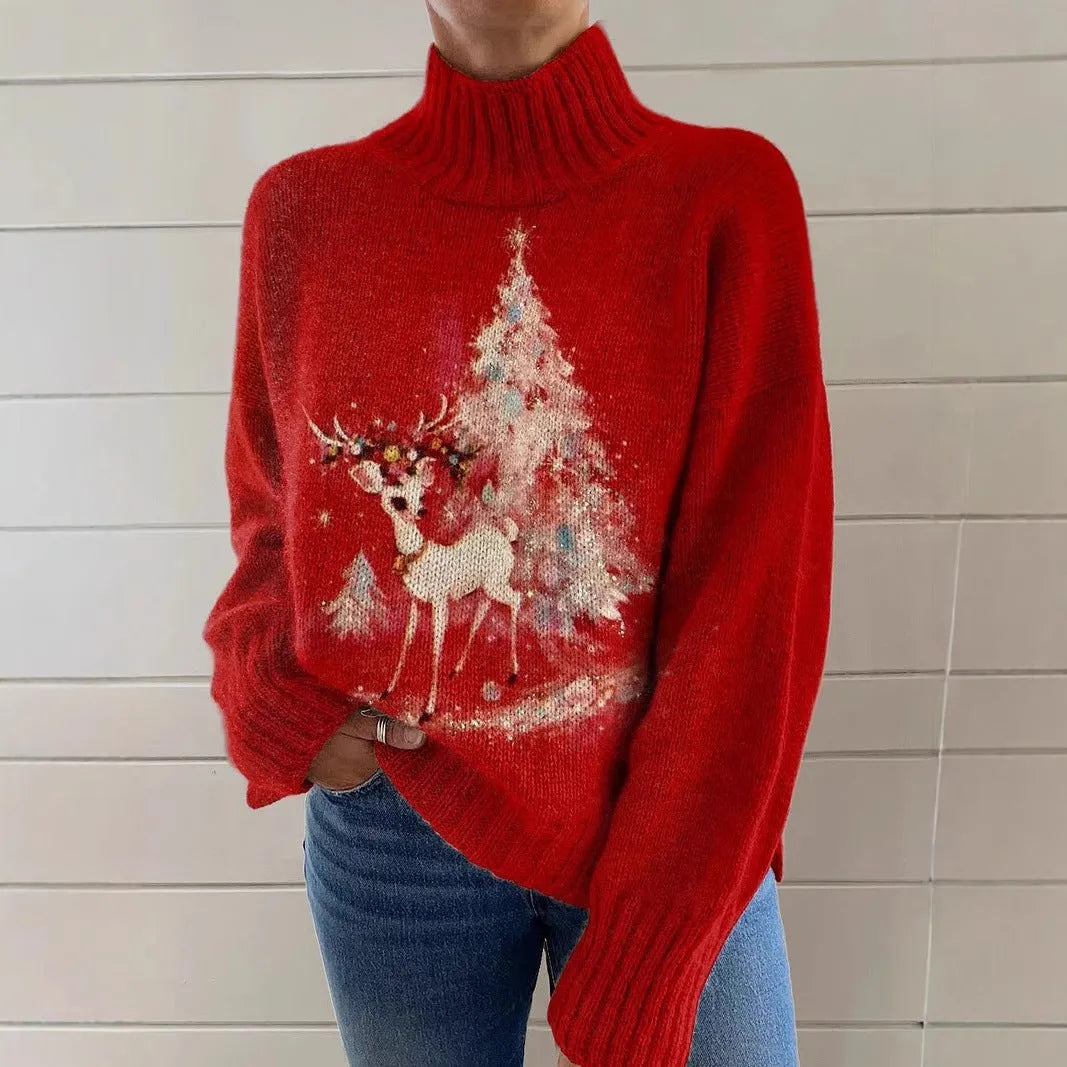Women's loose fit Christmas printed turtleneck sweater in a macaron colour.