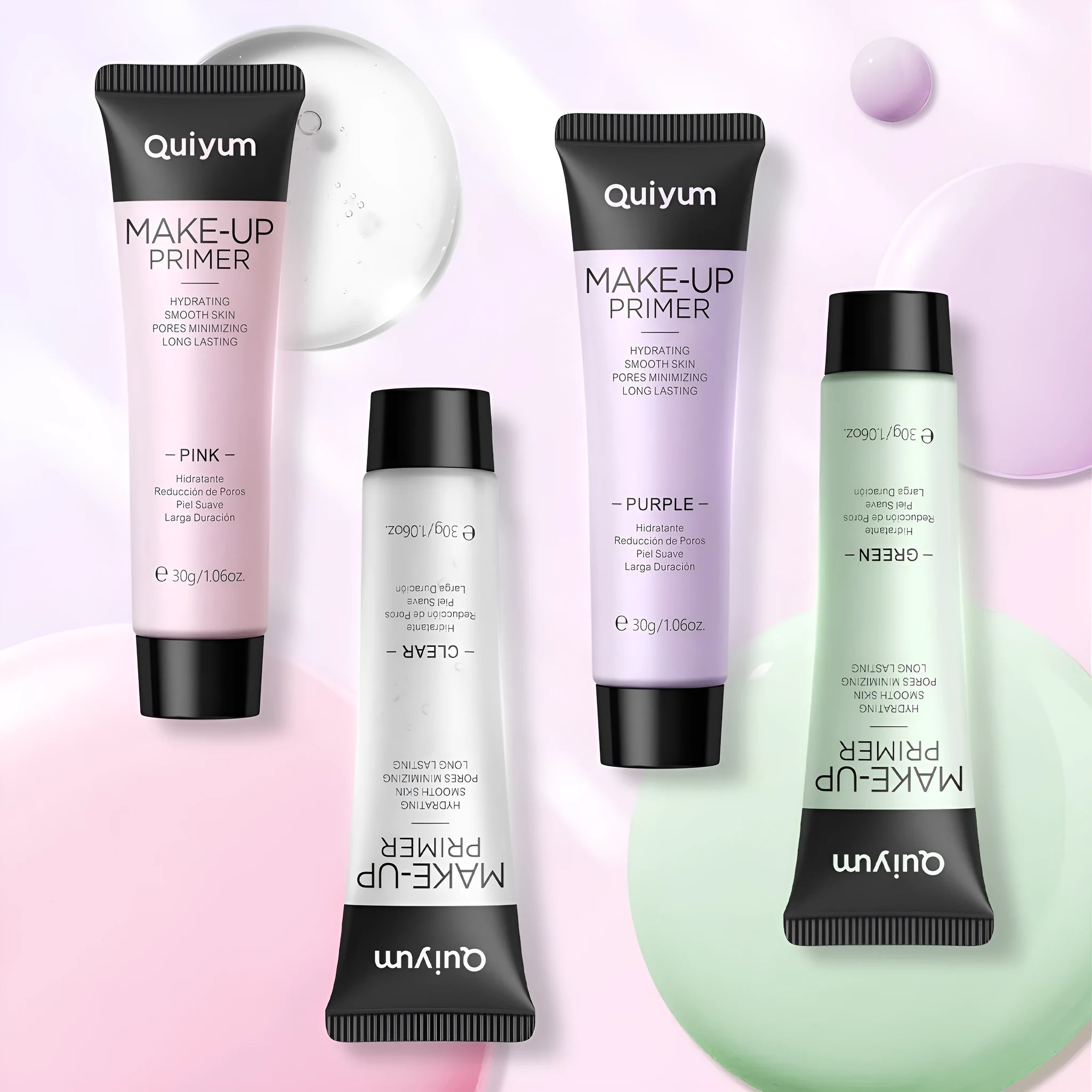 Colour-correcting makeup primer base cream in purple, pink, and green shades, 30g