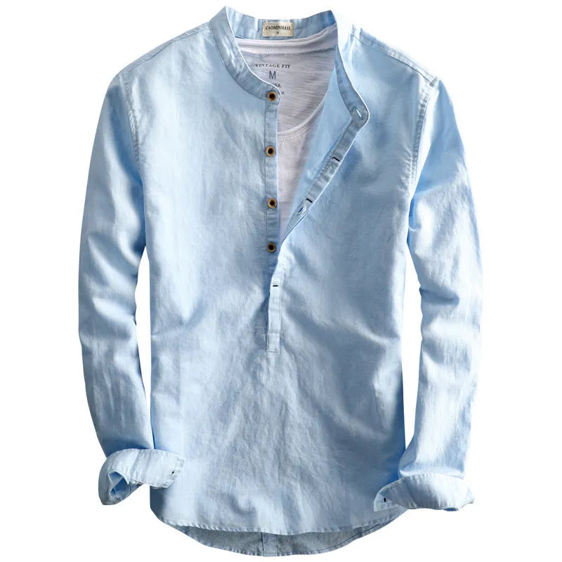 Men's casual loose long sleeves linen shirt solid colour light gray front view