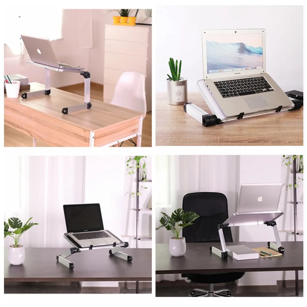 Foldable laptop stand in black with 360 degree adjustable angle on a desk