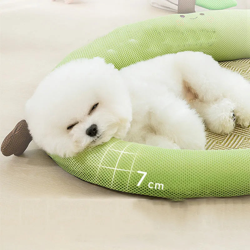 Fruit patterned pet nest with bear decoration and backrest in green or yellow colour