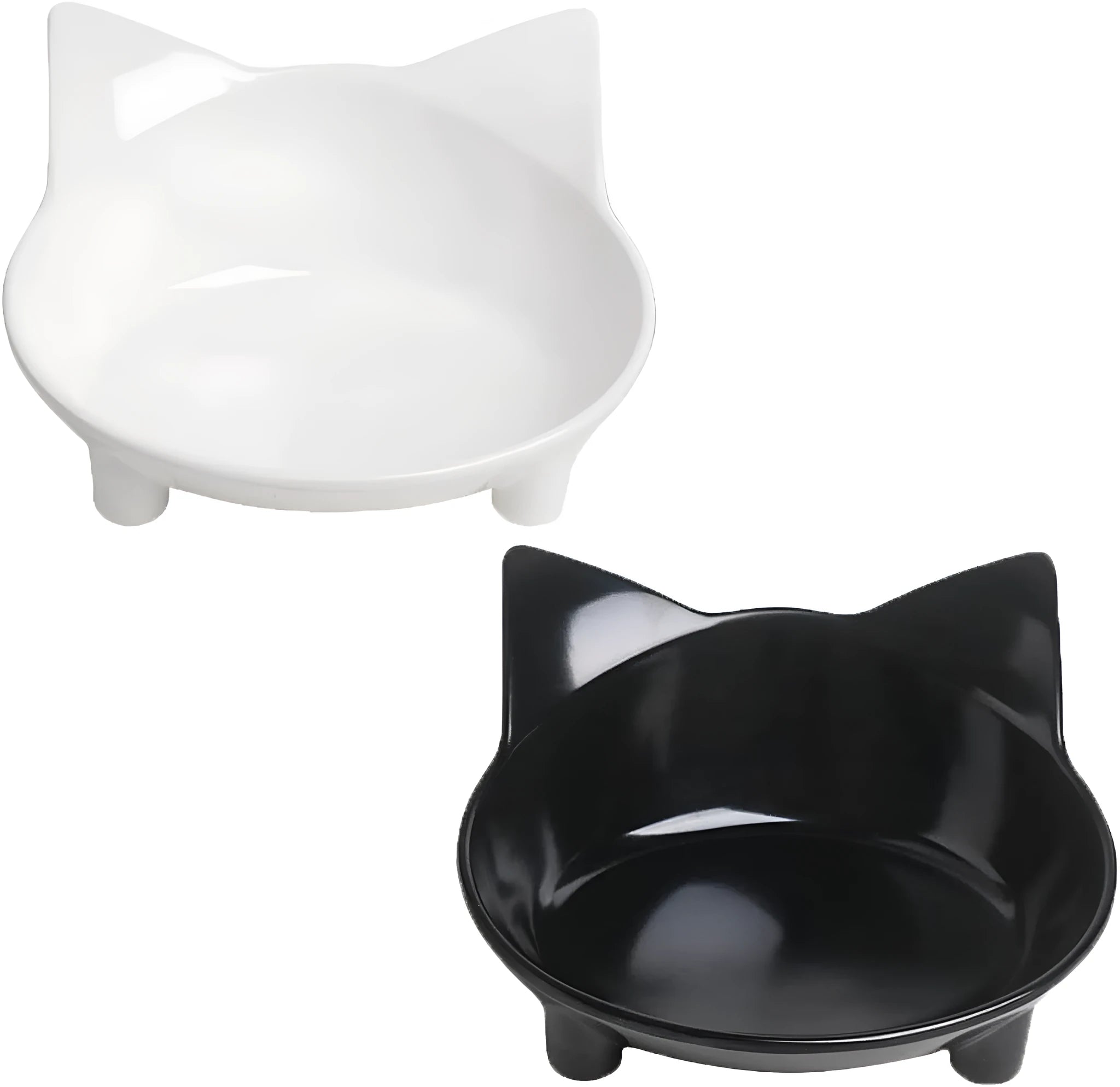 Shallow black melamine cat bowl with non-slip rubber base on a kitchen floor