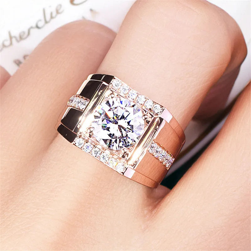 Adjustable high carbon diamond zircon men's ring in geometric design with electroplated finish