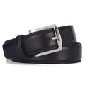Men's classic black leather belt with a silver alloy pin buckle on a white background