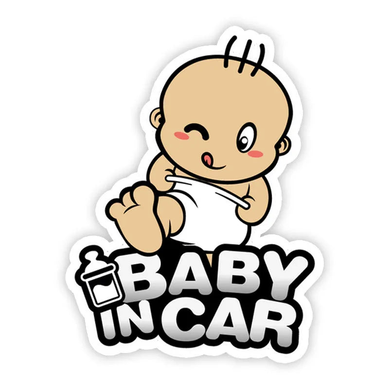 Baby on Board reflective car stickers showing baby and bottle designs in PET material for vehicle safety