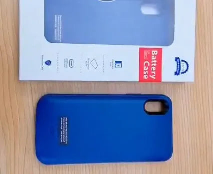 Shockproof silicone iPhone battery charger case in black, blue, pink, or white showing extra power capacity.