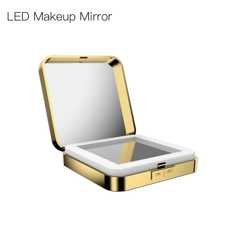 Two-sided makeup mirror with magnification and adjustable lighting in black or white