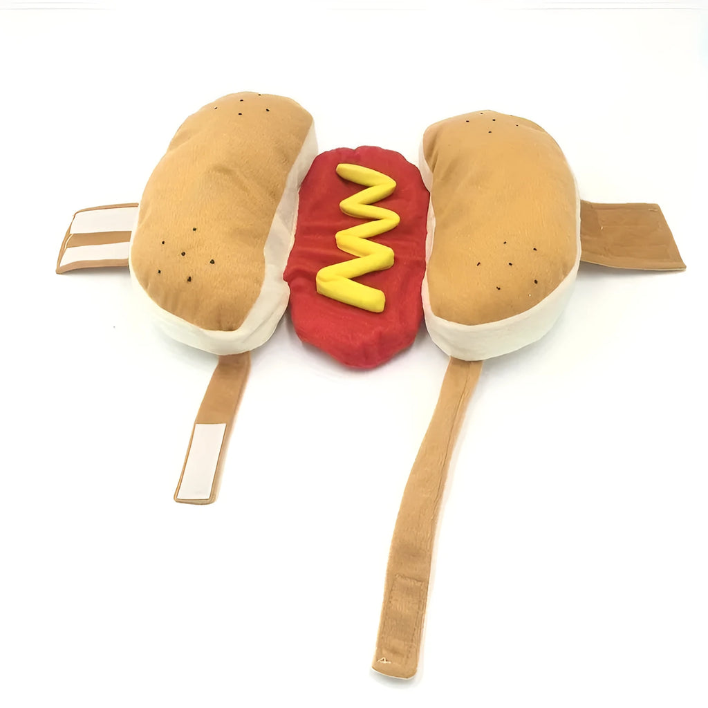 Small dog wearing funny hot dog costume with fleece lining for winter indoor events