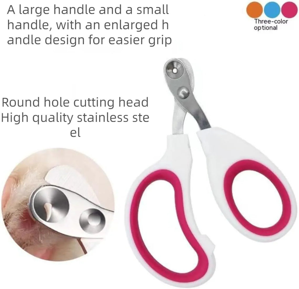Blue cat nail clippers with circular cutting hole and cushioned non-slip handles on a white background.