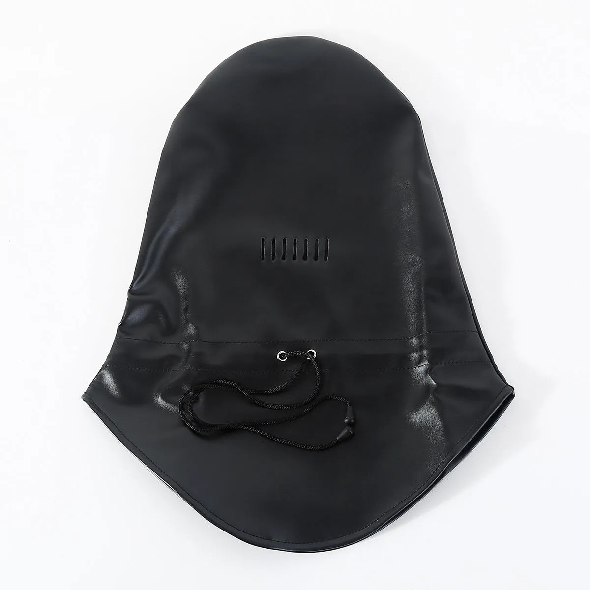 Black leather adult training mask headgear prop on a plain background