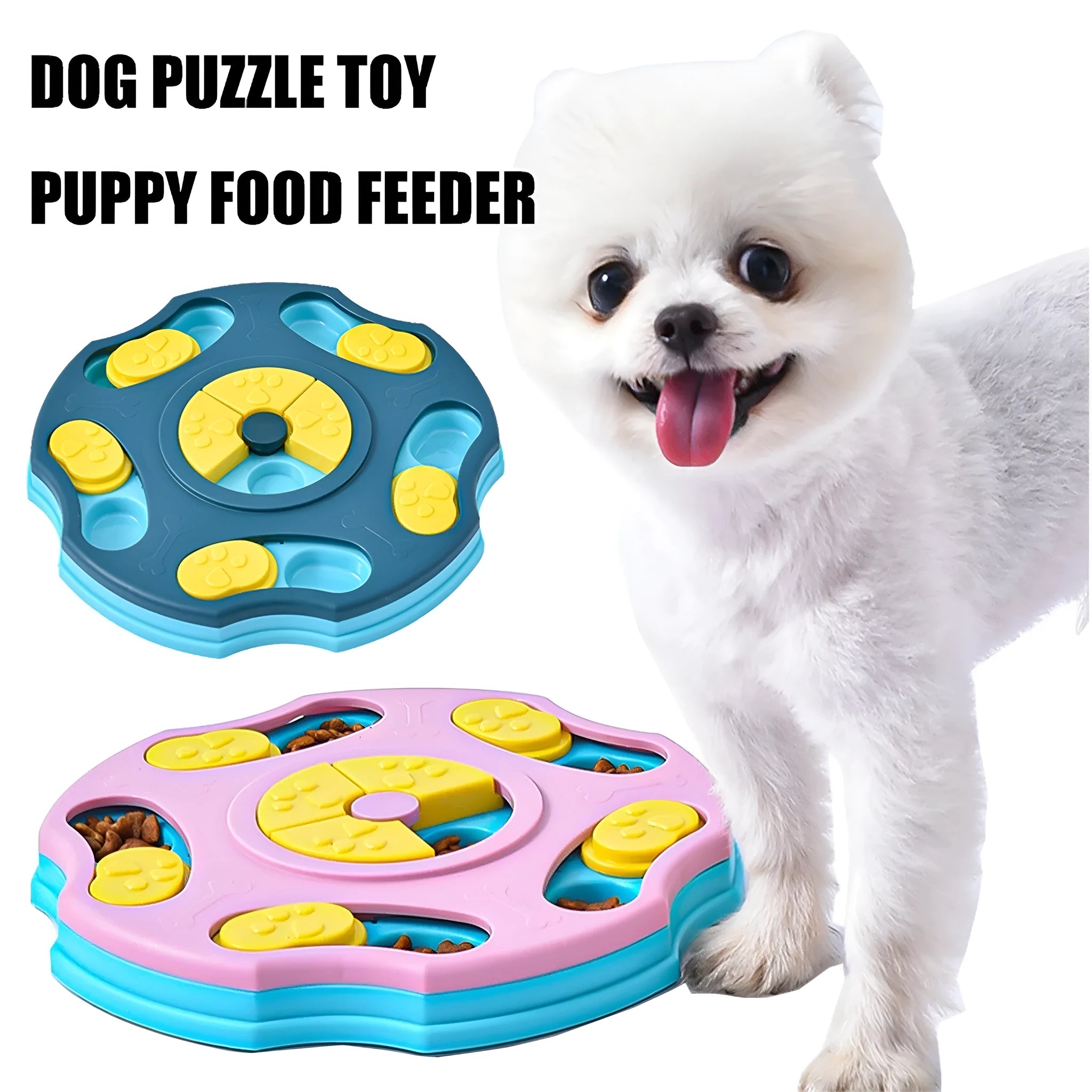 Blue dog puzzle feeder toy with sliding panels for food, measuring 24x24 cm