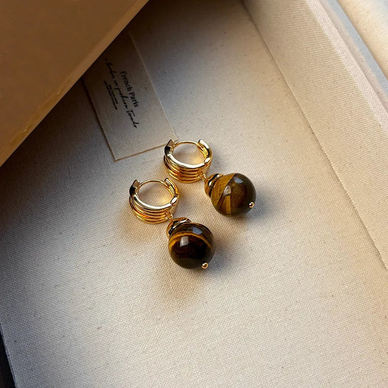 Geometric tigereye earrings with real gold plating in French retro style