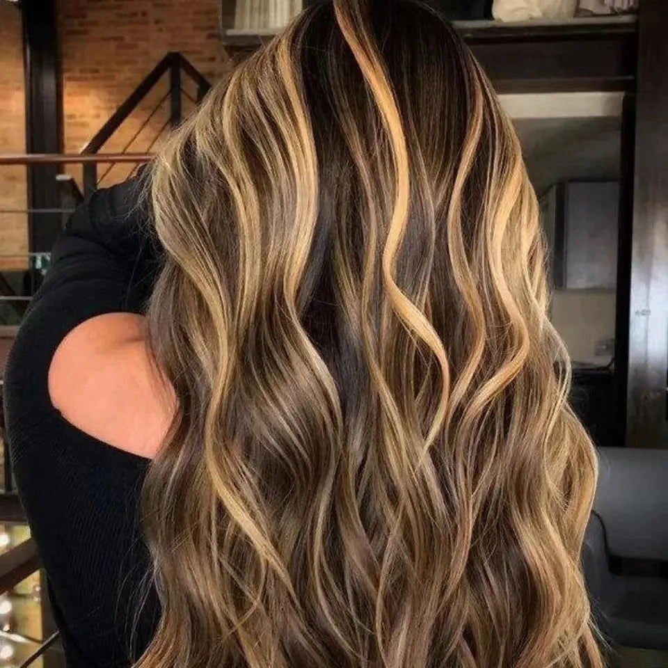 Front lace wig with African black gradient colour in big wave style, showing side bangs and sheath inclusion