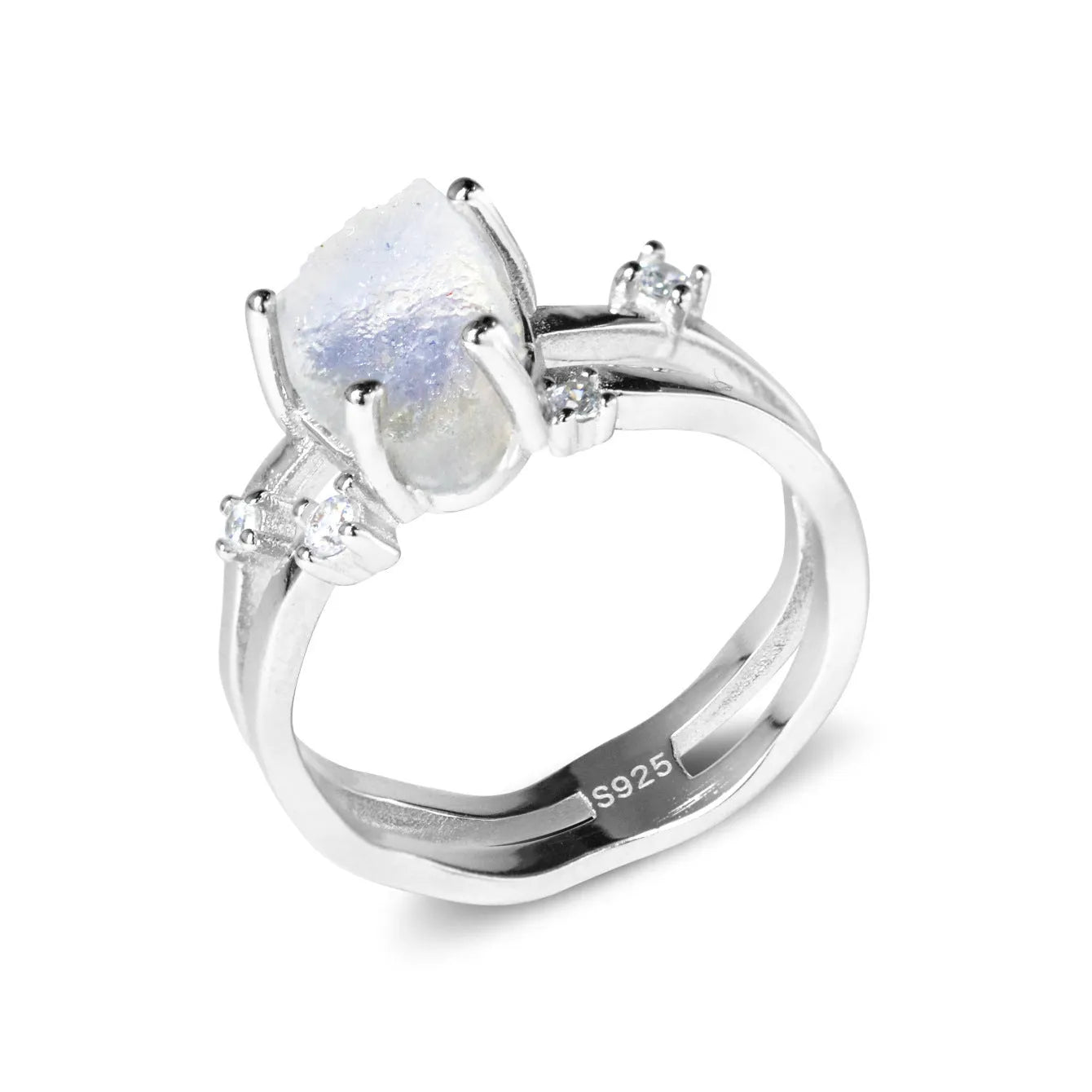 S925 sterling silver ring with irregular triangle design holding a moonstone, shown in rose gold plating.
