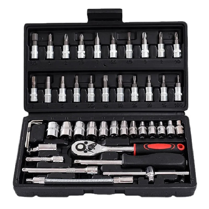 46-piece chromium vanadium steel socket ratchet wrench set with nickel plating for automotive repair