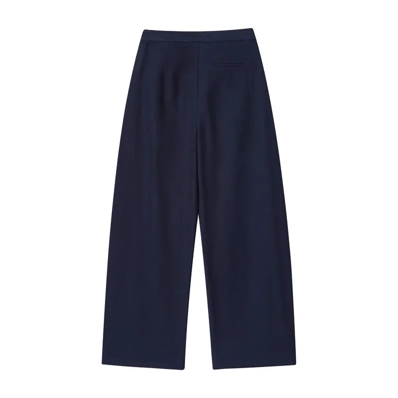 Women's off-neck linen-style shirt with flounced sleeves and matching wide-leg trousers, a two-piece set for office wear.