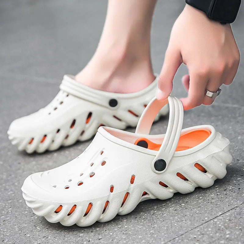 Men's beige EVA outdoor slippers with hollow-out design and non-slip sole