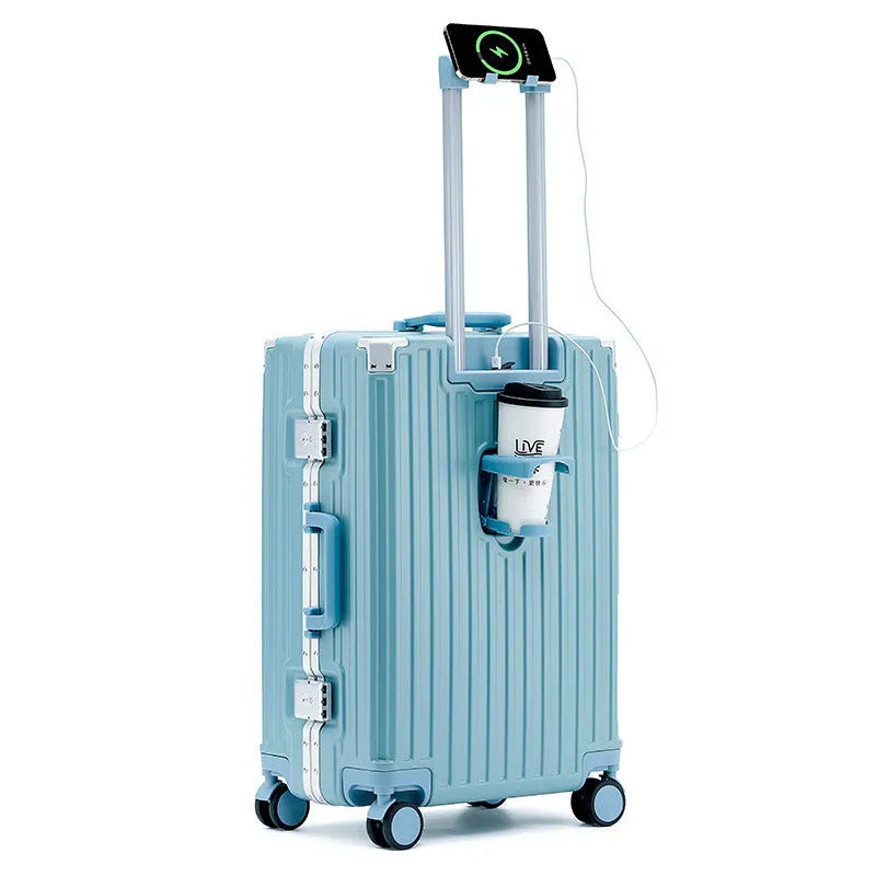 Hard-shell aluminium frame suitcase in avocado green colour with USB port and universal wheels.