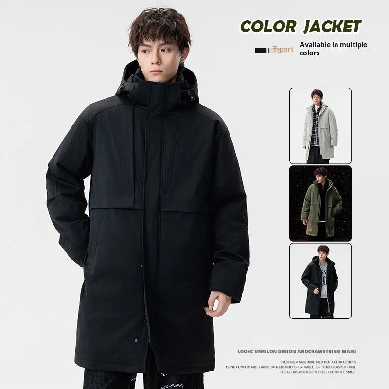 Men's loose windproof warm coat in black, side view, thickened polyester fibre with cotton lining, side pockets, cardigan style