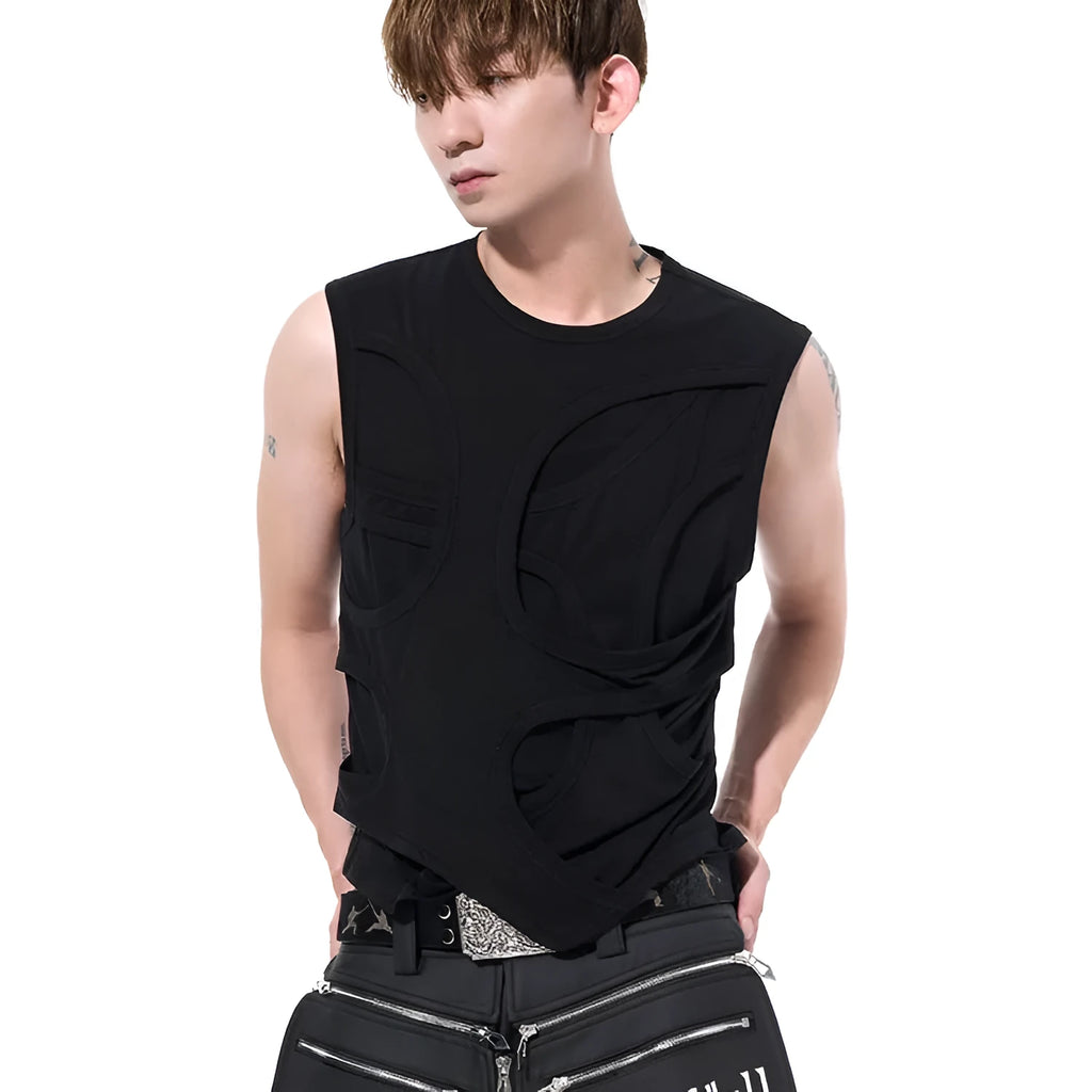 Man wearing a solid grey lyocell sleeveless vest with a round neckline.