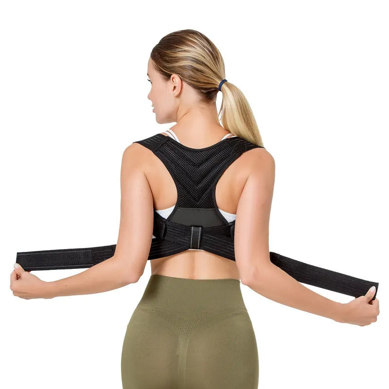 Black adjustable anti-humpback posture correction belt for back and shoulder support.