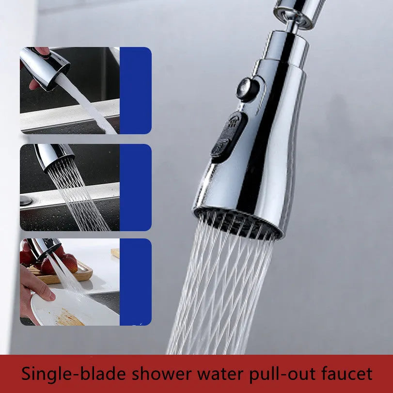 Silver and black kitchen faucet sprayer with three water modes and 360-degree rotation