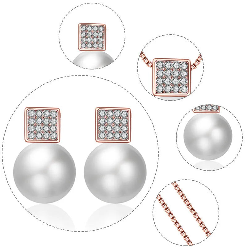 Versatile jewellery set with necklace and earrings featuring rhinestone cube pendants in rose gold finish