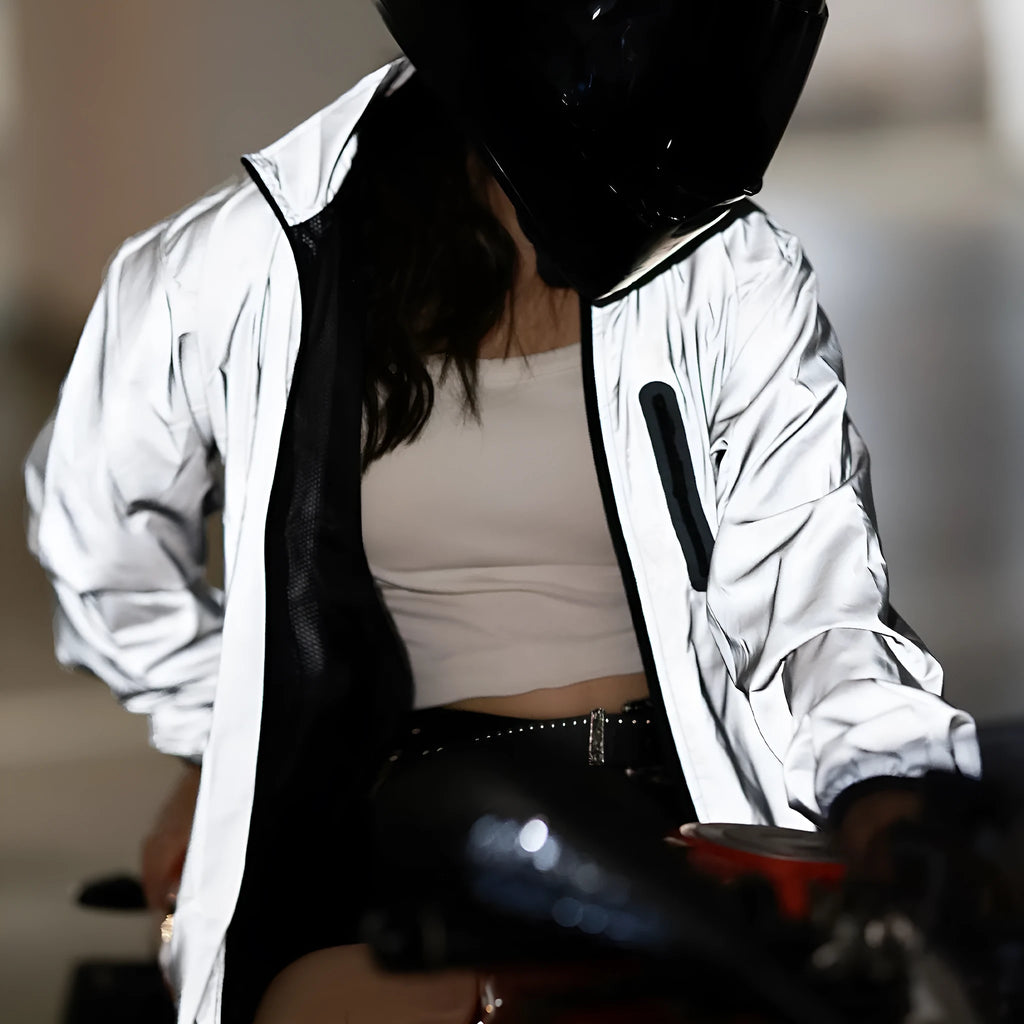Silver long-sleeved waterproof polyester windproof jacket on a hanger.
