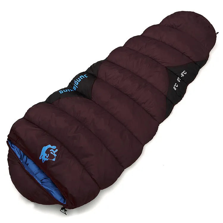 Mummy-style camping sleeping bag in army green, shown compressed in its storage sack and laid out fully.