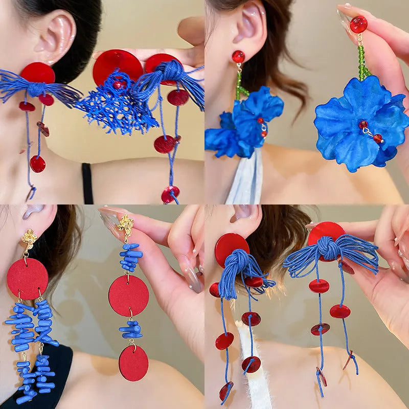 Geometric women's earrings with cloth base and silver needle-blue resin flower accents in 30# colour