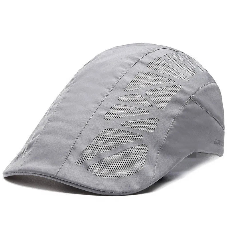 Adjustable mesh beret hat in grey with geometric pattern, curly brim, and dome top for summer sun protection