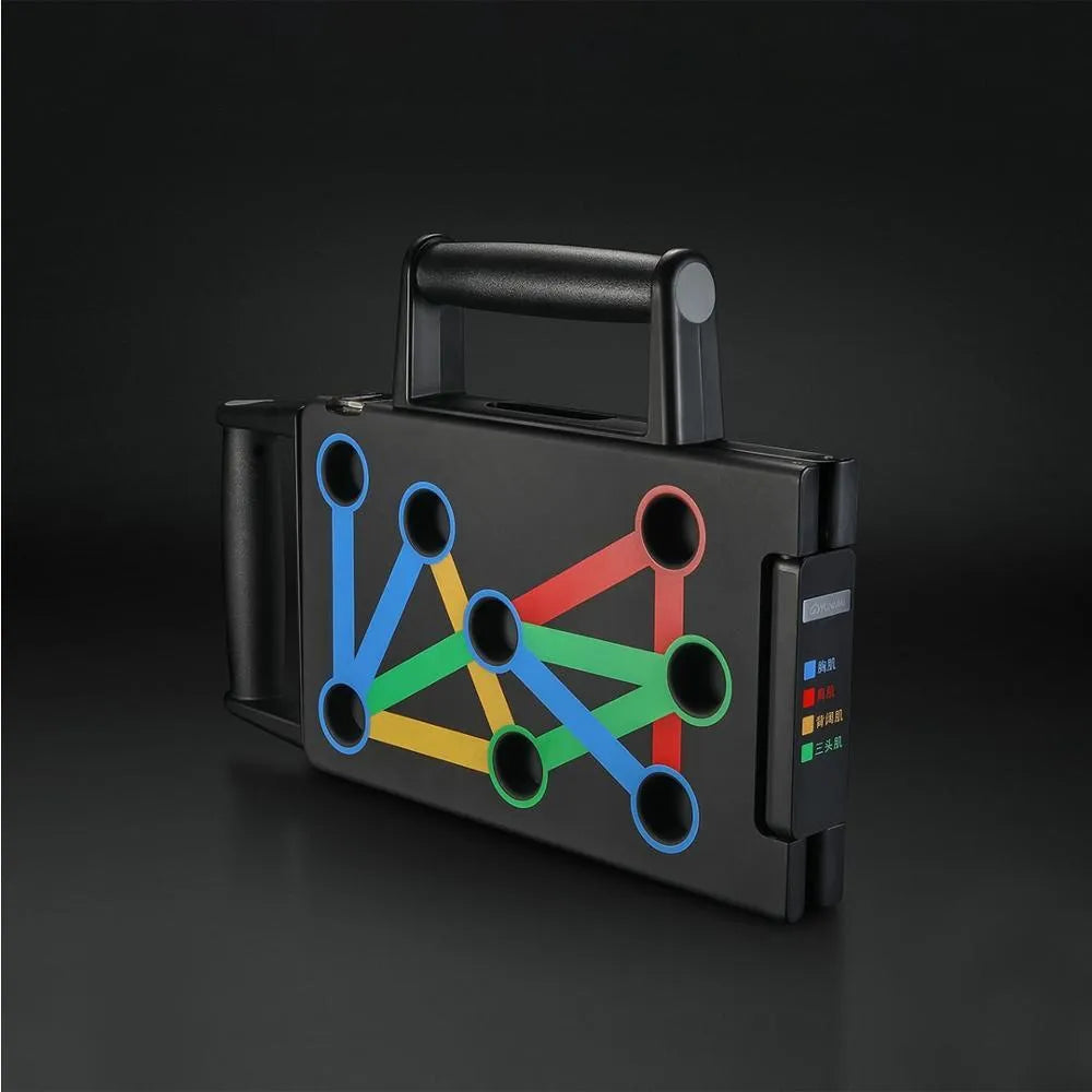 Yunmai push-up stand in black with two armrests and support board on floor