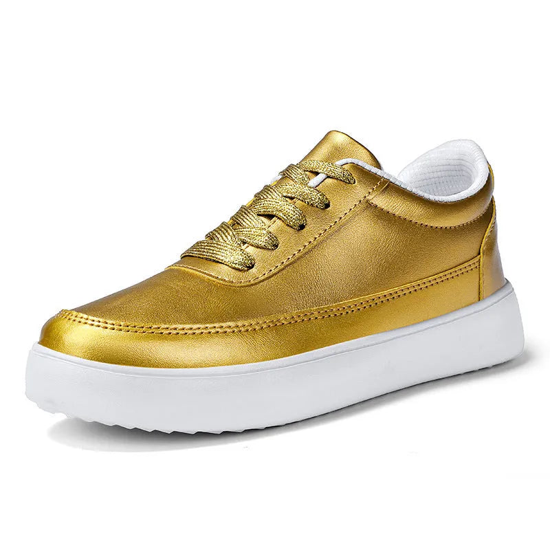 Women's leather flat casual shoes with lace-up front in gold colour
