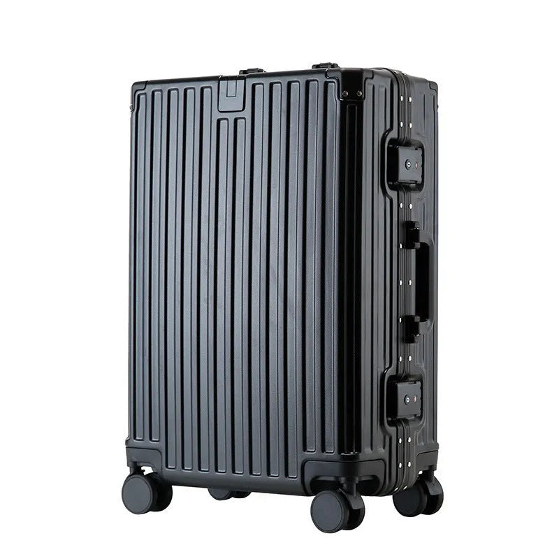 Hard-shell aluminium frame suitcase in avocado green colour with USB port and universal wheels.
