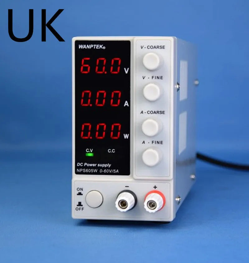 White adjustable DC power supply unit for mobile phone and notebook repair with voltage and current controls