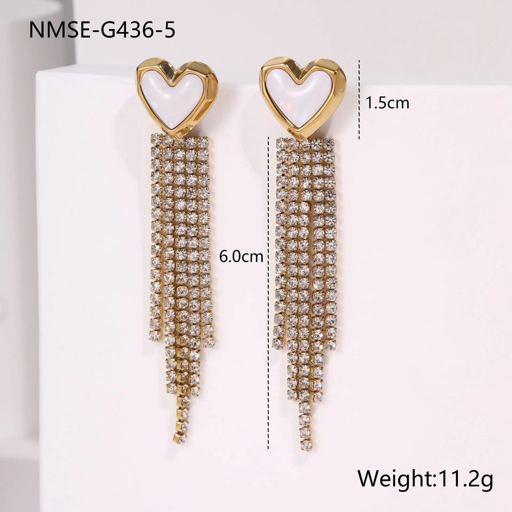 Stainless steel earrings with diamond tassel love heart and star geometric design, 18K electroplated finish