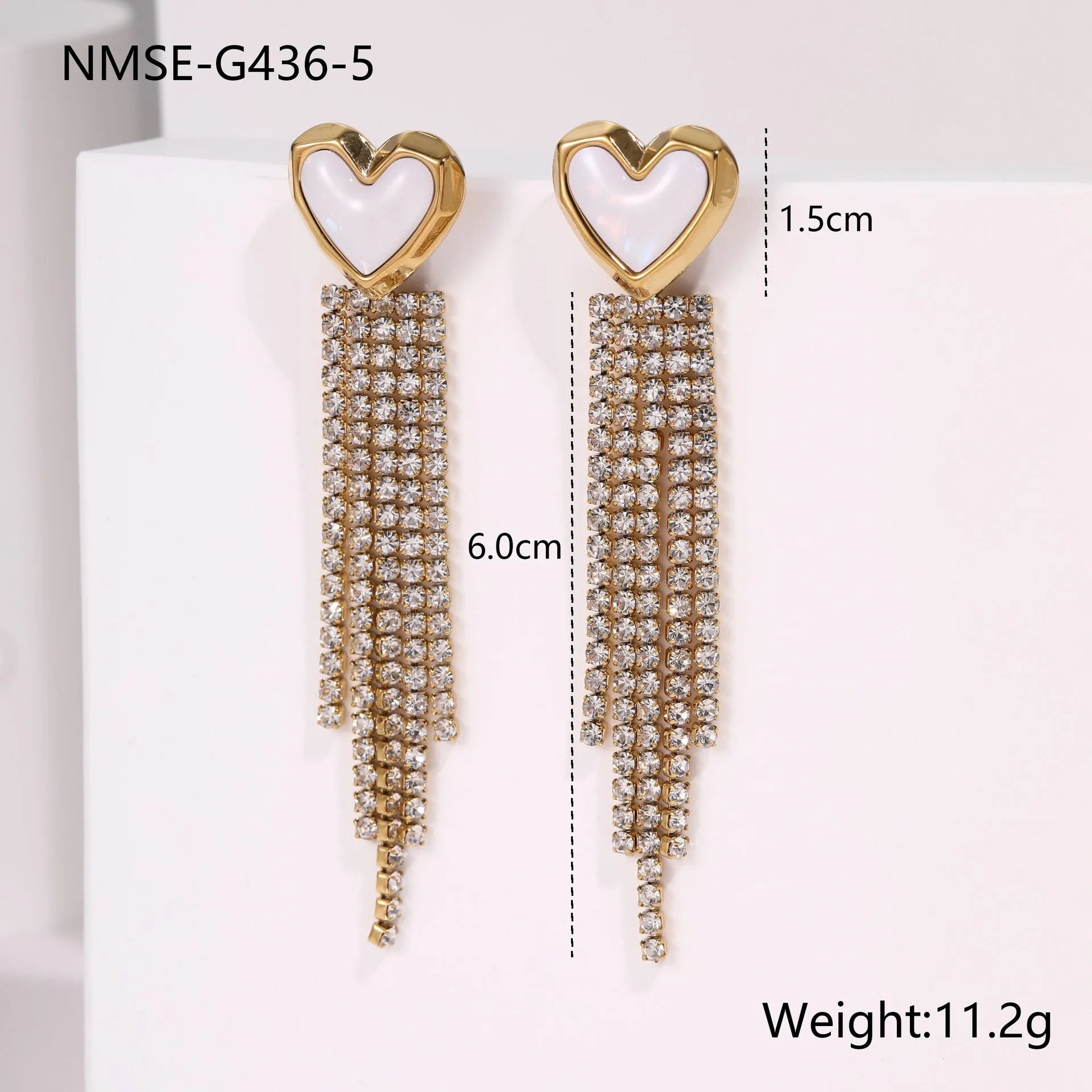 Stainless steel earrings with diamond tassel love heart and star geometric design, 18K electroplated finish