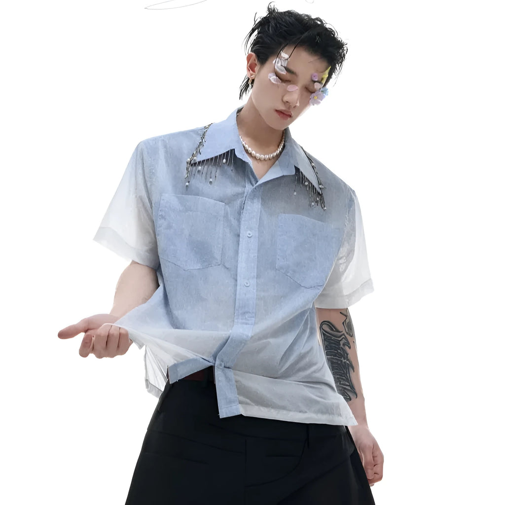 Men's loose blue gradient short sleeve casual polyester shirt on a hanger.