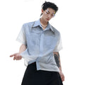 Men's loose blue gradient short sleeve casual polyester shirt on a hanger.