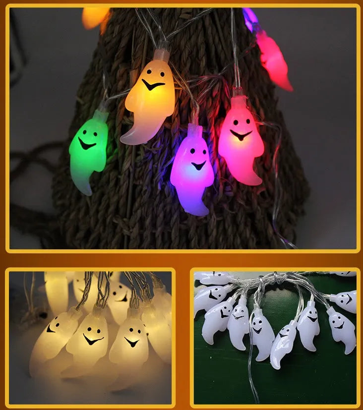 Halloween LED string lights with pumpkin, ghost, bat and spider pendants on a 1.2 metre battery-powered string
